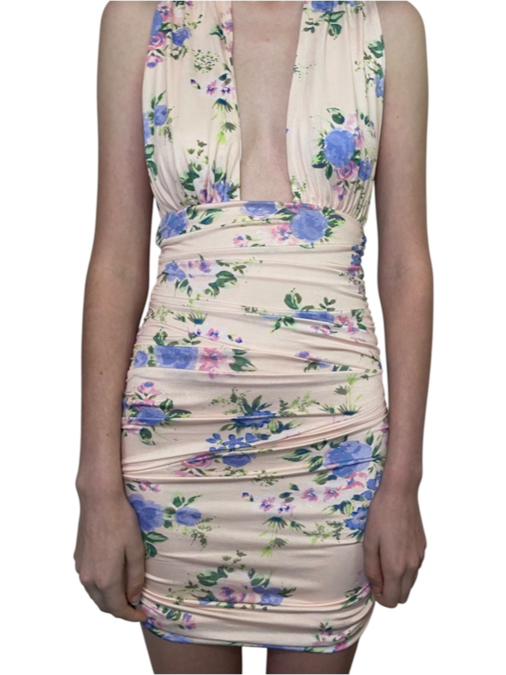 Zara Blush Floral Plunge Ruched bodycon Mini Dress size xs